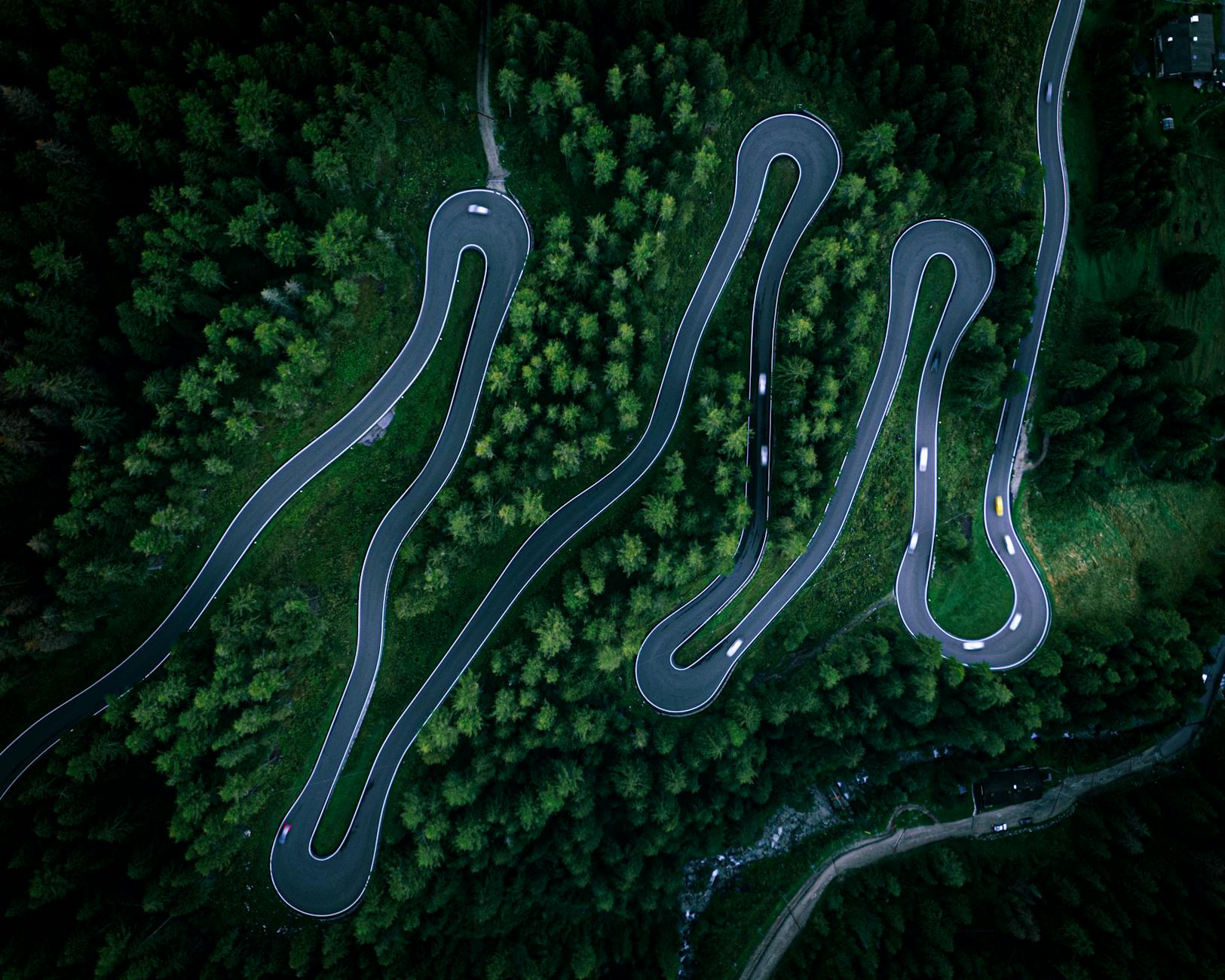 bird s eye view of a serpentine road