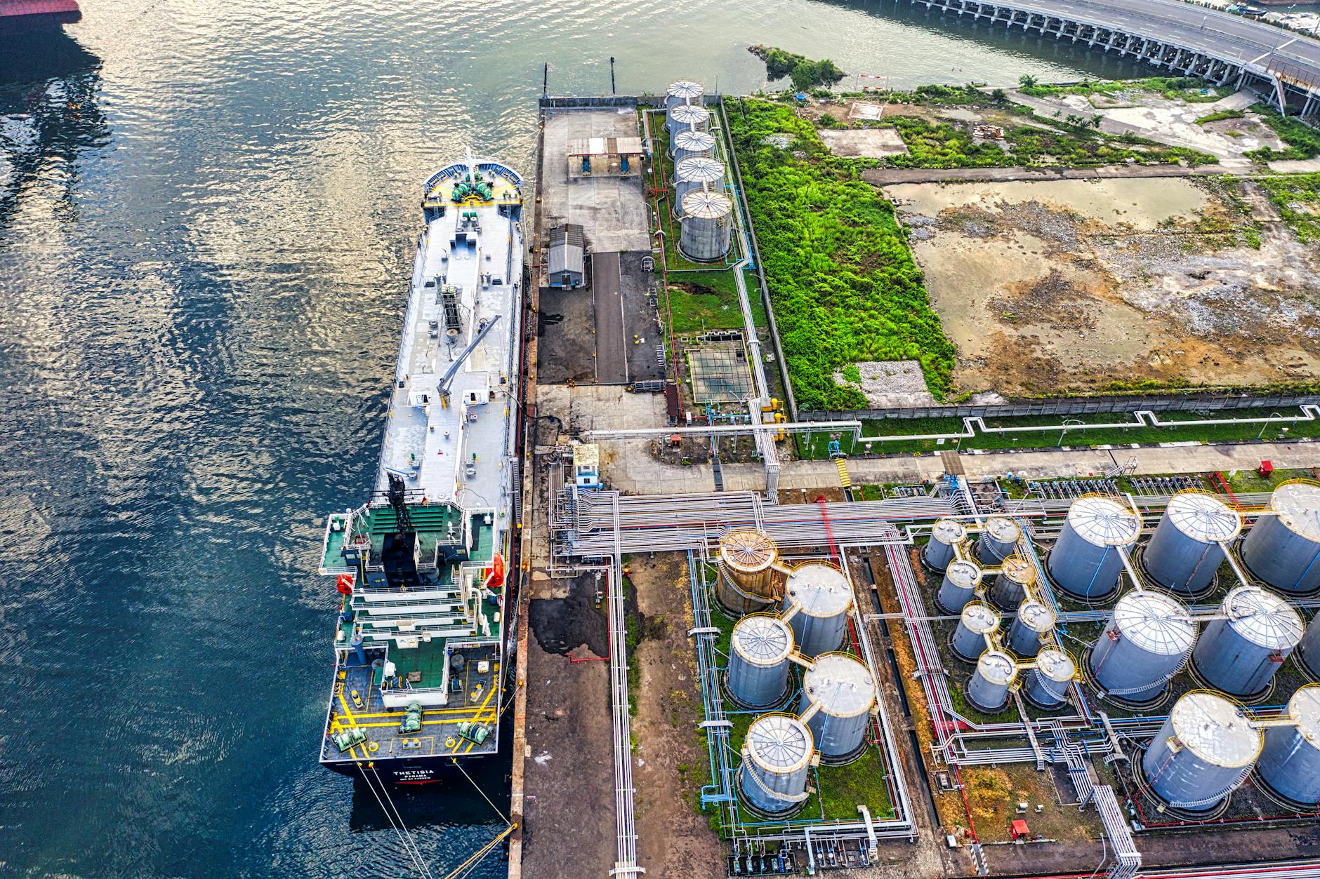 aerial view of cargo ship on dock